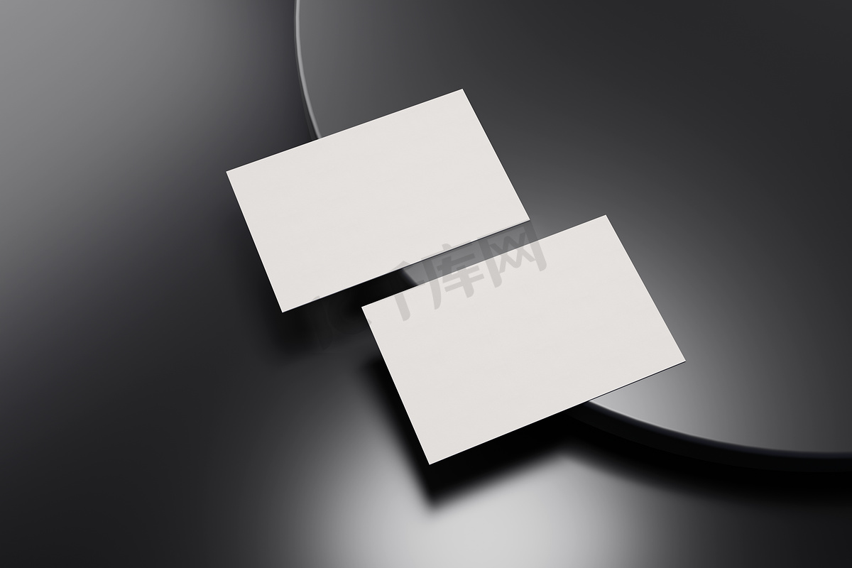 黑白名片纸样机模板，带有空白空间封面，用于在黑色铬地板背景上插入公司徽标或个人身份。图片