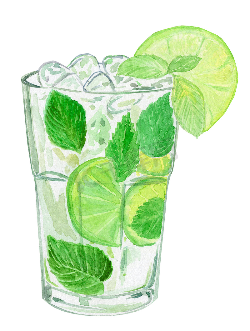 水彩手绘绿色莫吉托鸡尾酒杯，薄荷、酸橙和冰隔离在白色背景上。图片