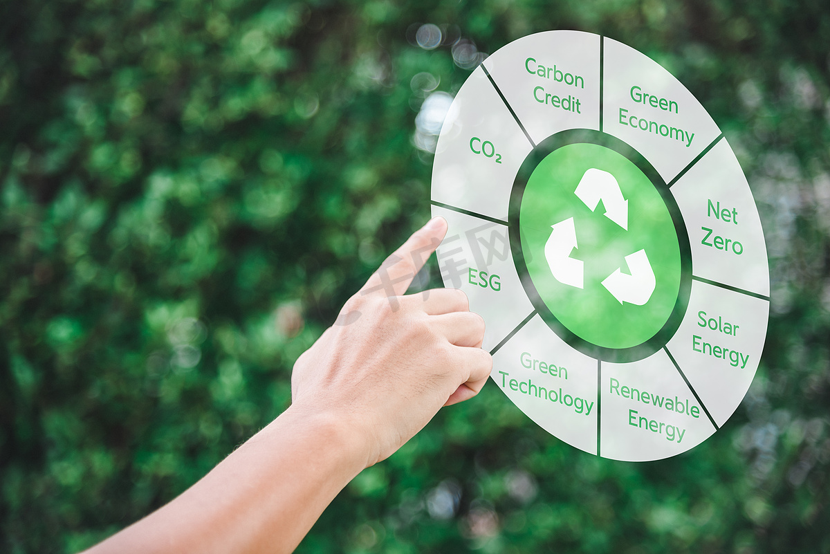 手动触摸图标回收绿色能源碳信用净零 esg co2 数字技术的绿色背景概念。图片
