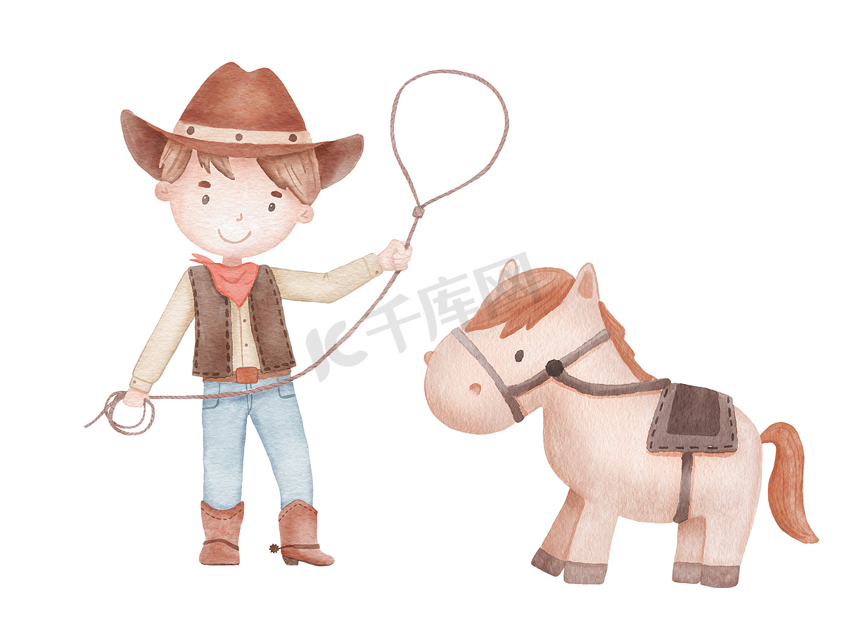水彩手绘插图牛仔用绳索套索和小马。图片
