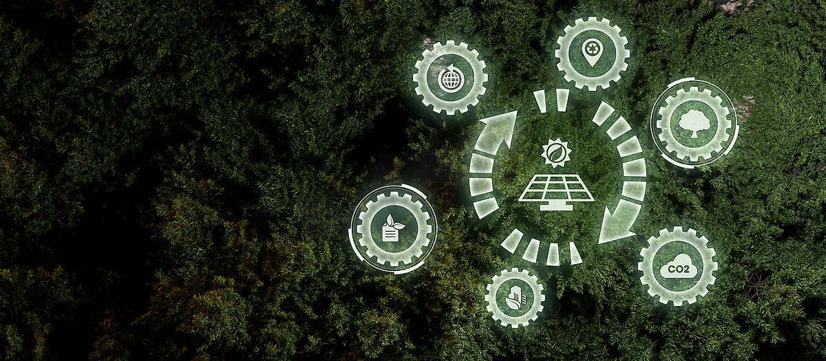 可持续性和责任减少污染和碳排放能源深绿色横幅背景 3d 渲染图片