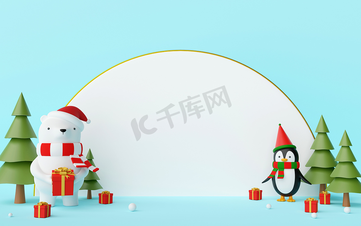圣诞快乐，新年快乐，圣诞人物熊和企鹅的场景，蓝色背景上有白色空白，3D 渲染图片