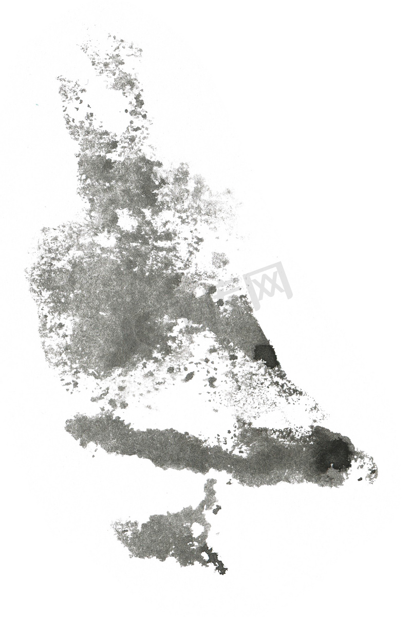 黑色手绘抽象水彩污渍隔离在白色背景上。图片