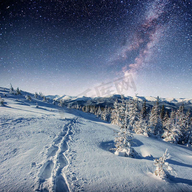 冬季雪夜的星空。图片