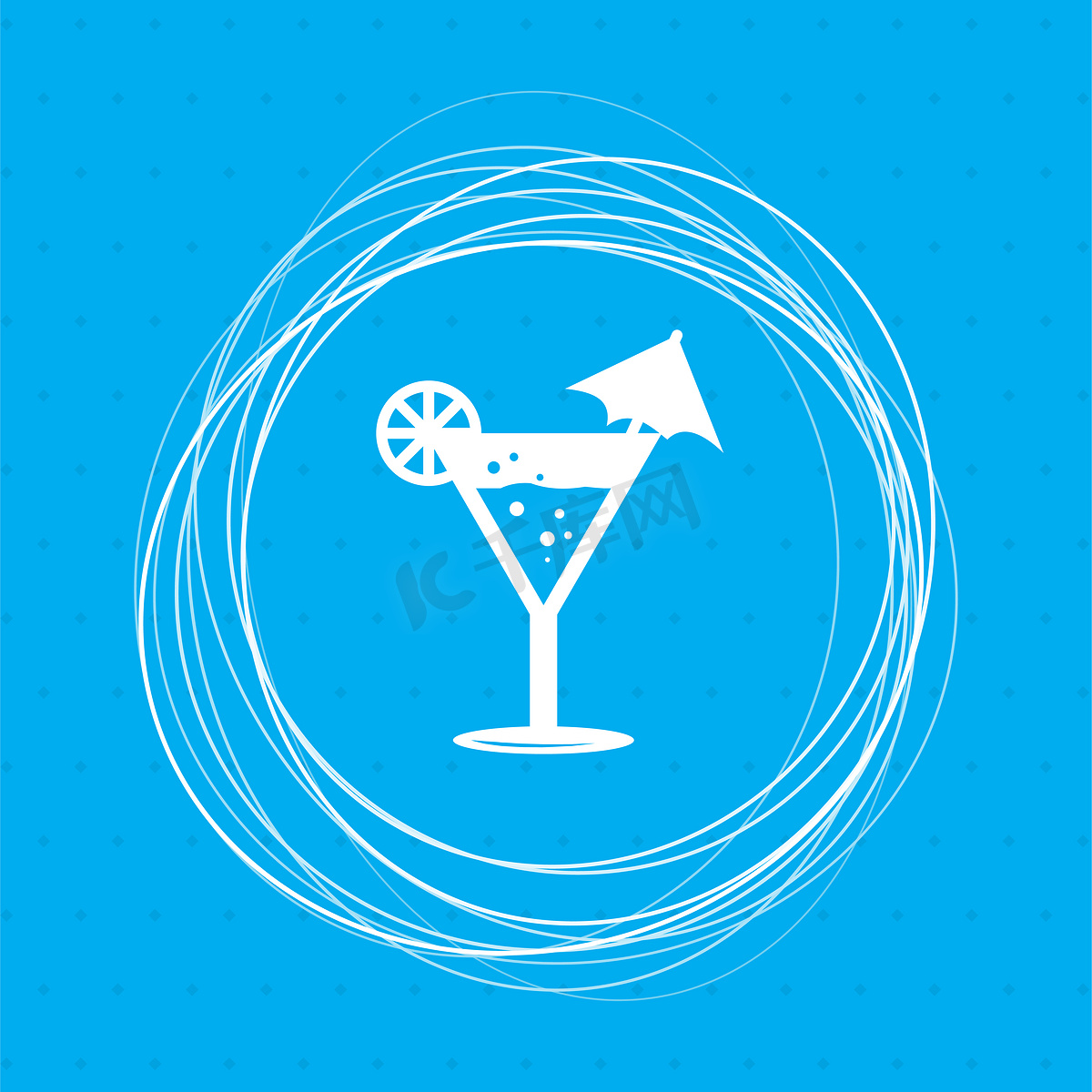 鸡尾酒会，蓝色背景上的马提尼图标，周围有抽象的圆圈和文本的位置。图片