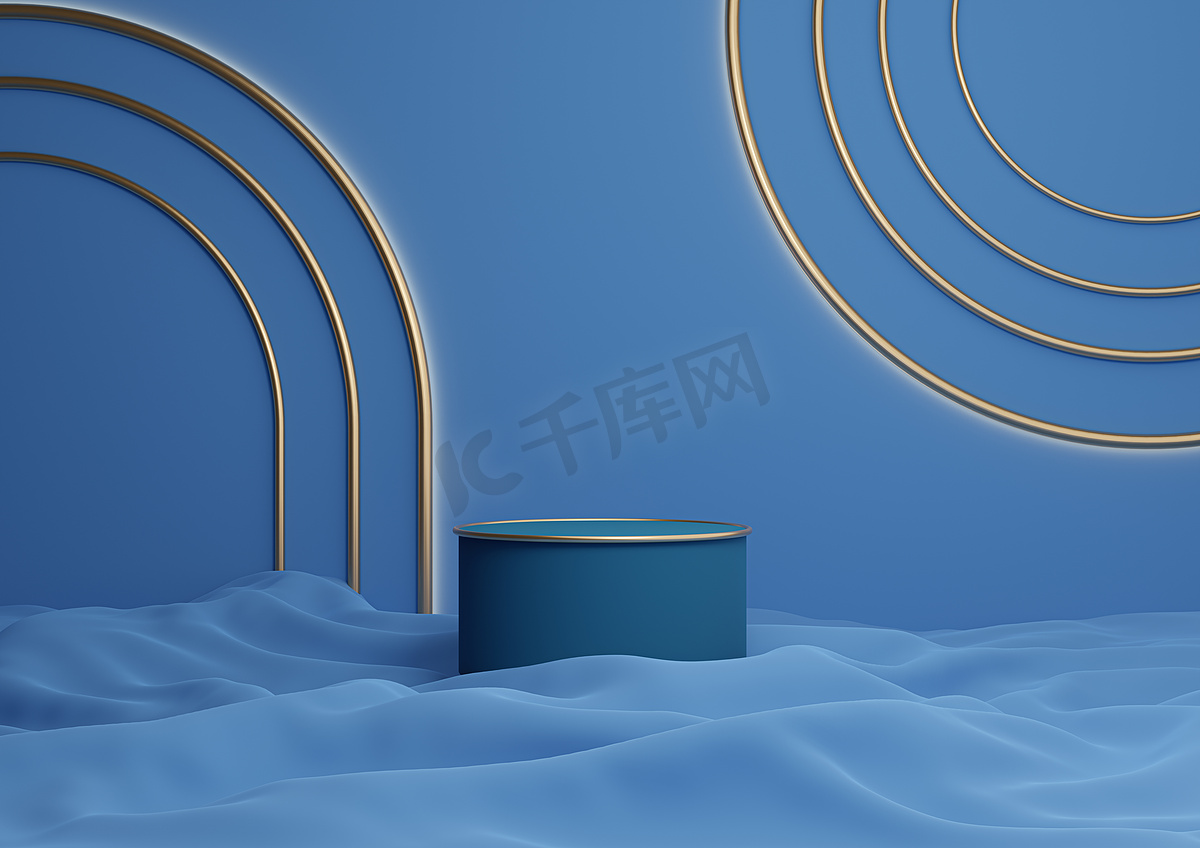 明亮、黑暗、柔和的蓝色 3D 渲染豪华产品展示圆柱讲台或带有金色线条的支架，最小的构图，带有拱形几何闪亮灯光图片