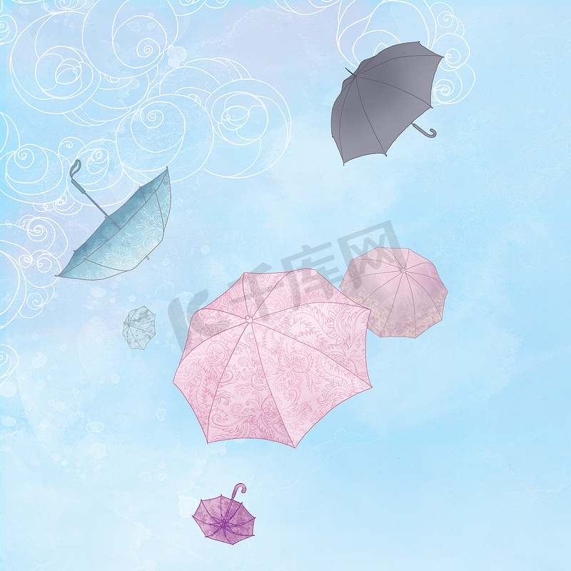 天空中飞翔的六把伞插画图片