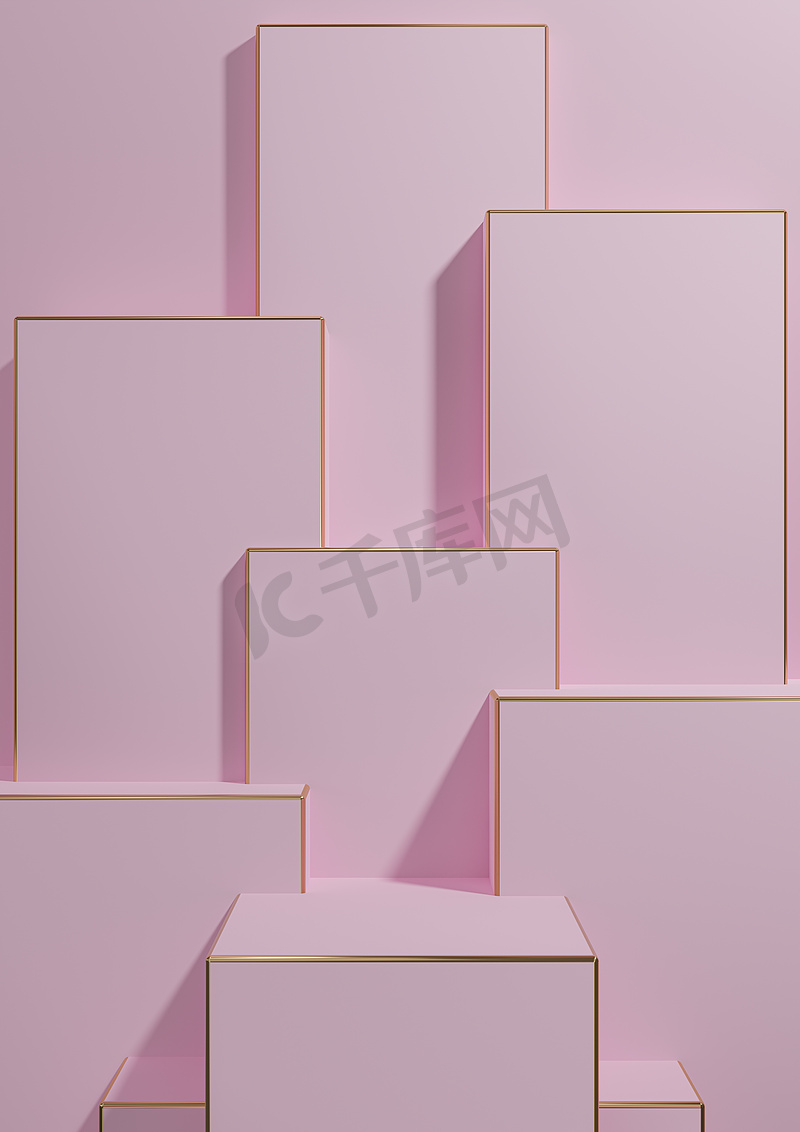 浅色、柔和、薰衣草粉色 3D 渲染简单、简约、几何背景产品展示基座金色线条用于奢侈品产品广告壁纸模板图片