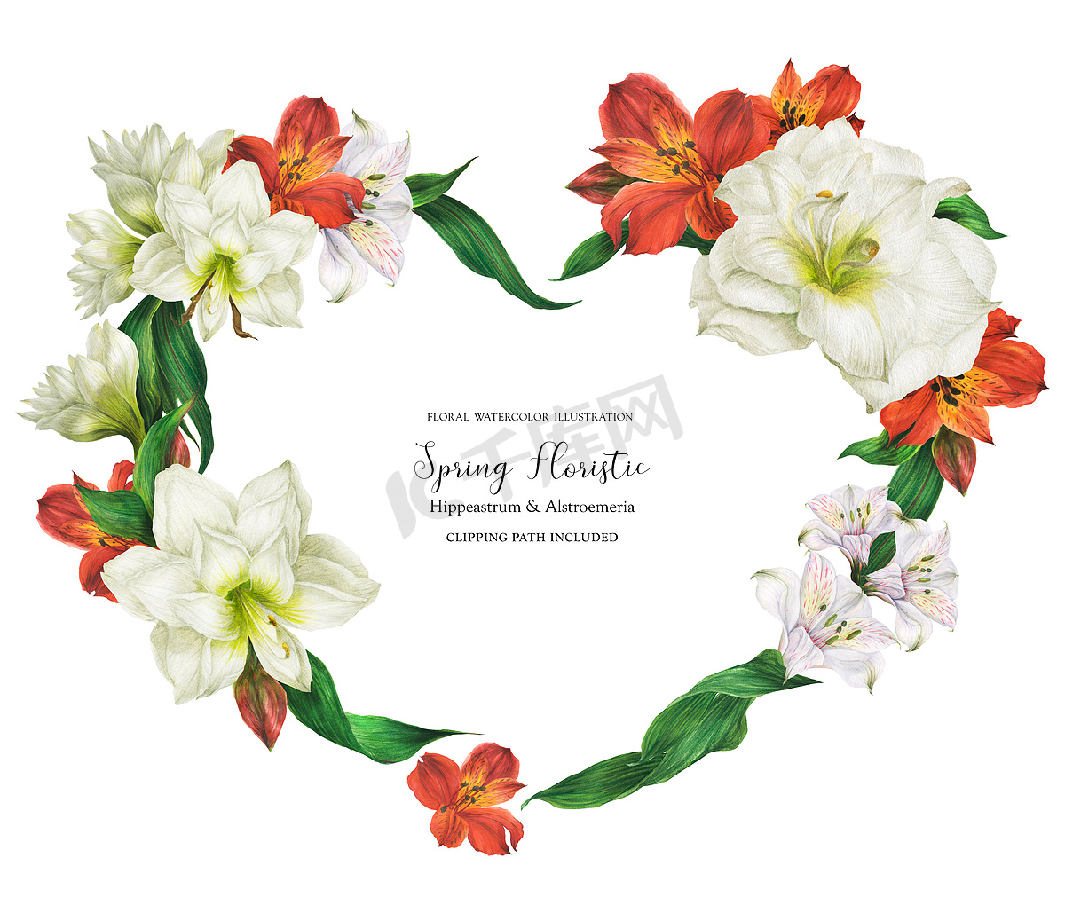 浪漫婚礼心形花环，白色和红色的花朵图片