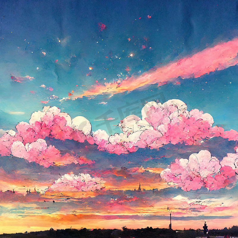 动漫风格日落天空，卡通夏日日出与粉红云彩图片