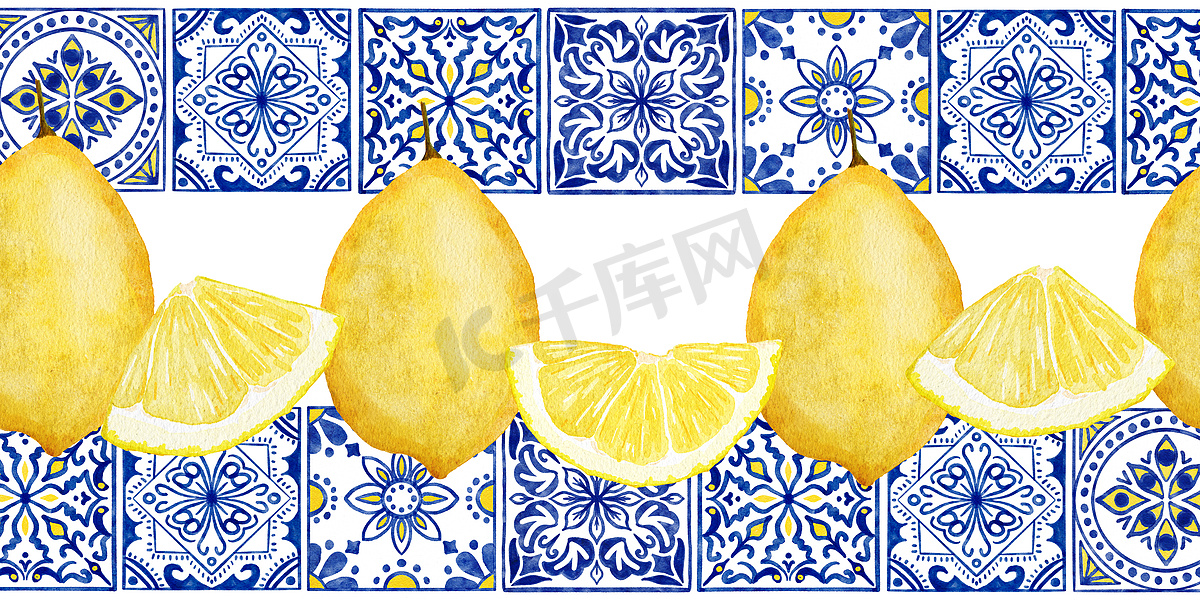手绘水彩无缝边框与黄色柑橘柠檬，蓝白色葡萄牙 azulejo 瓷砖。图片