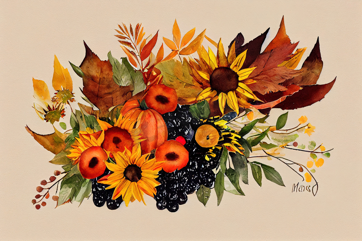 水彩秋花束，有叶子、浆果、向日葵。手绘秋季插画。图片