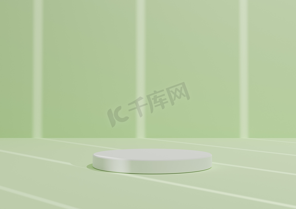 简单、最小的 3D 渲染组合，带有一个白色圆筒讲台或站在抽象条纹阴影光、柔和的绿色背景上进行产品展示。图片