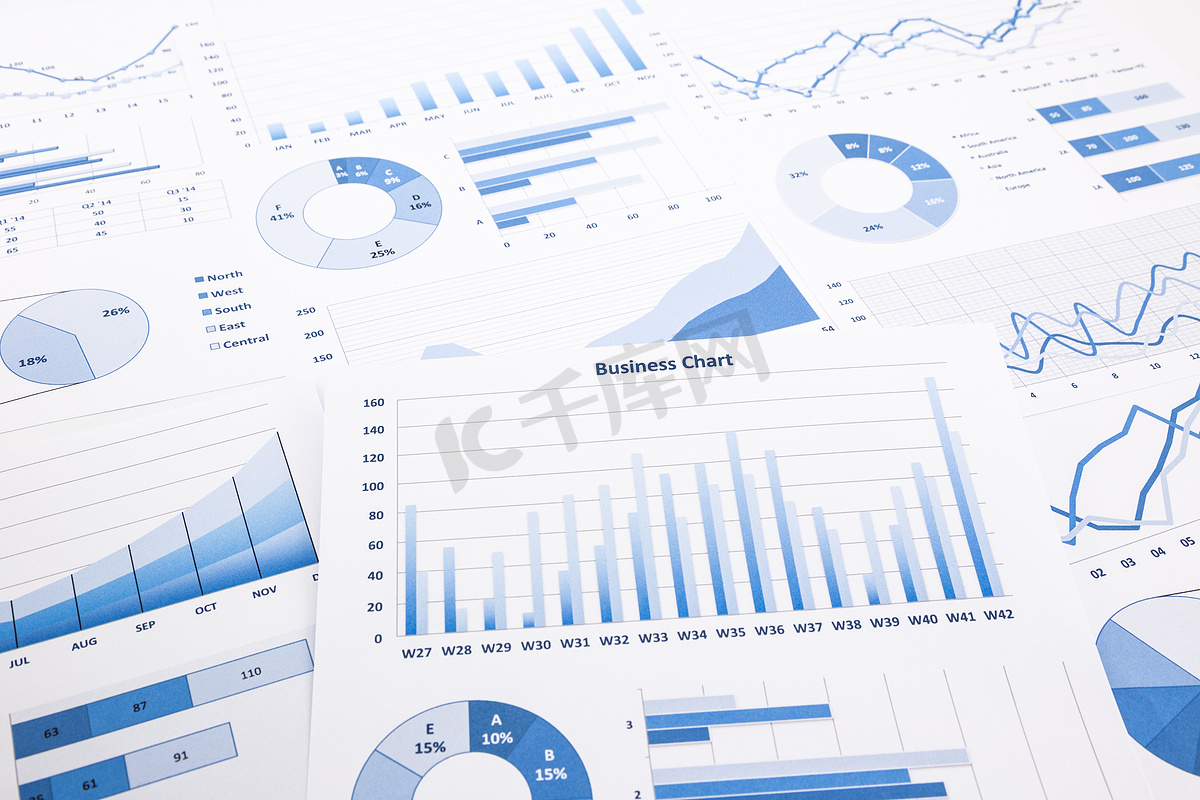蓝色商业图表、图表、报告和文书工作图片