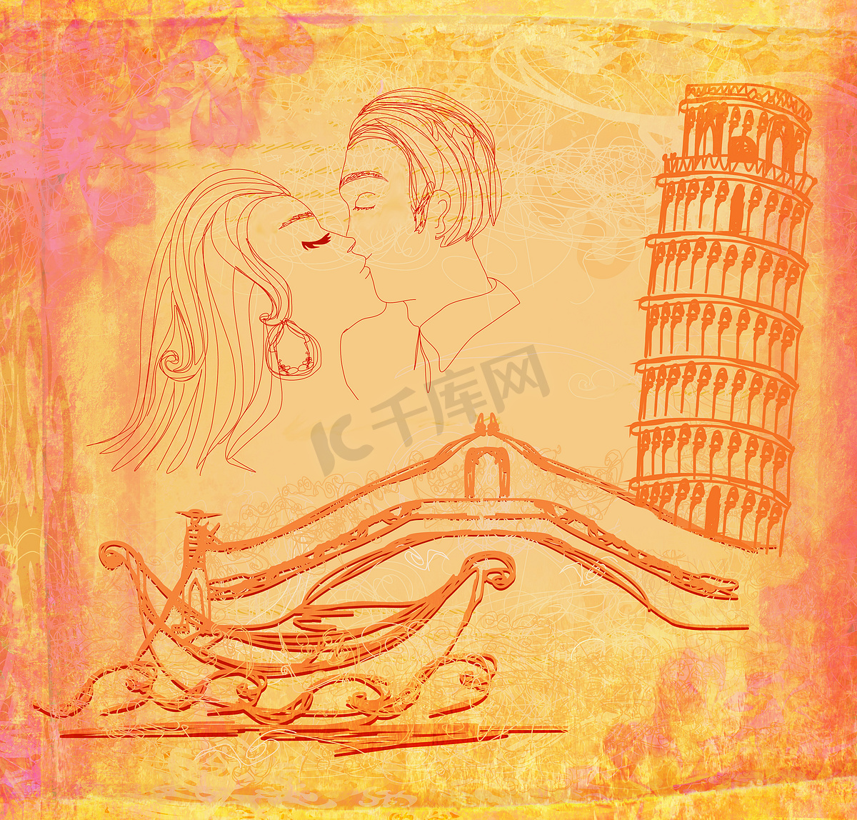 在意大利接吻的情侣-复古插画图片