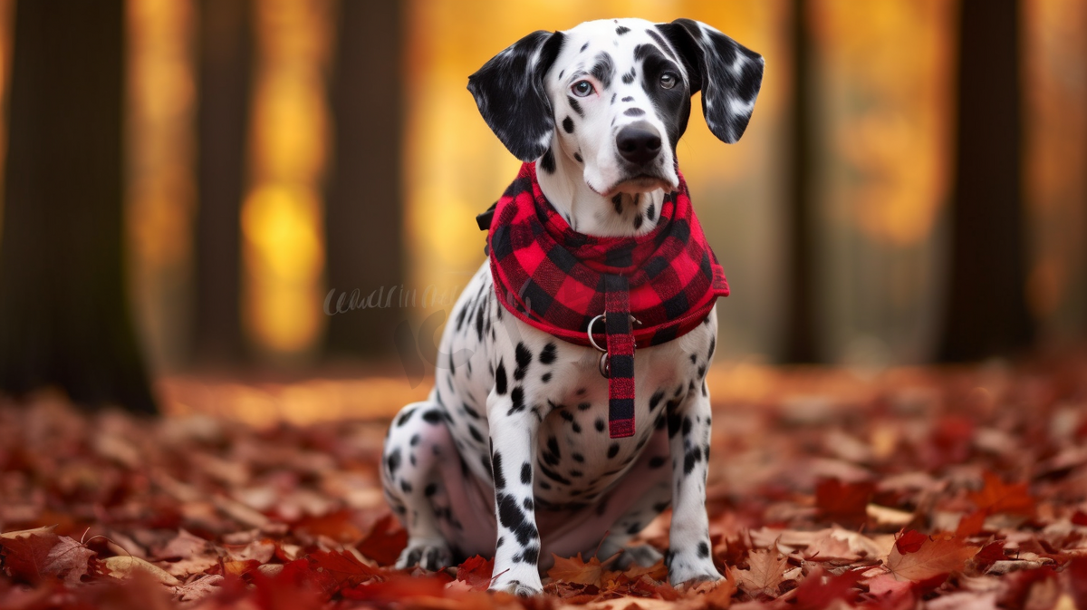 达尔马提亚犬白天穿着衬衫坐在干树叶上图片