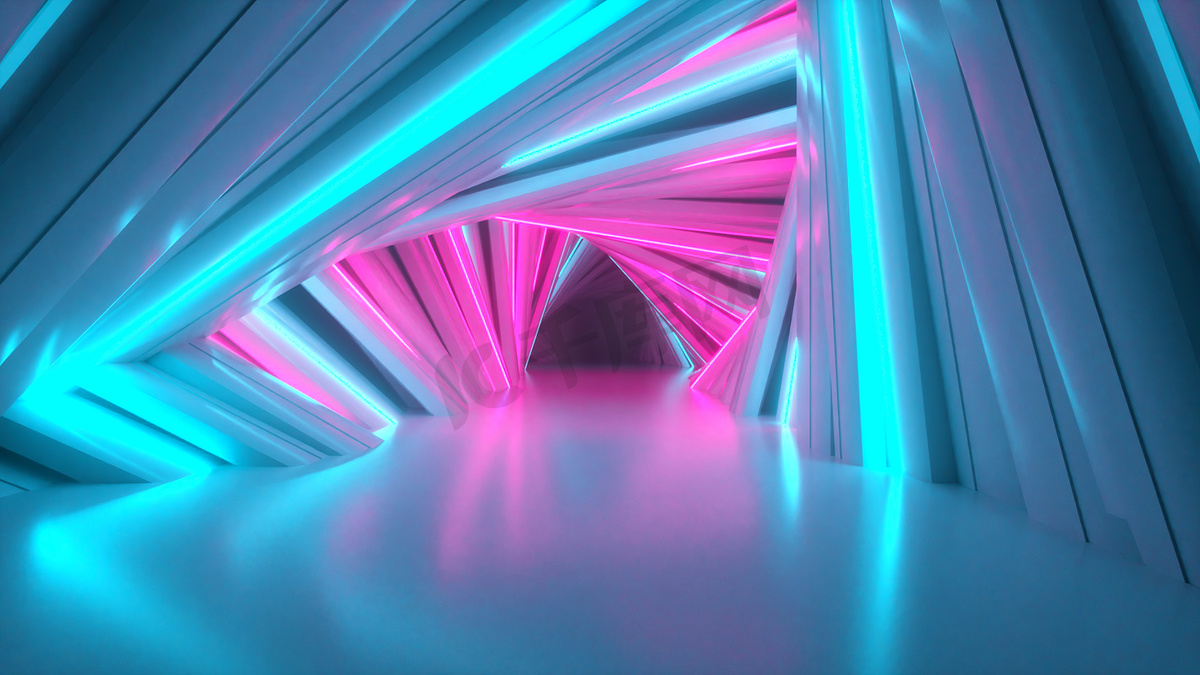 文摘:霓虹灯三角隧道技术.无尽的漩涡动画背景。现代霓虹灯。明亮的霓虹灯线闪烁着光芒向前移动.3d说明图片