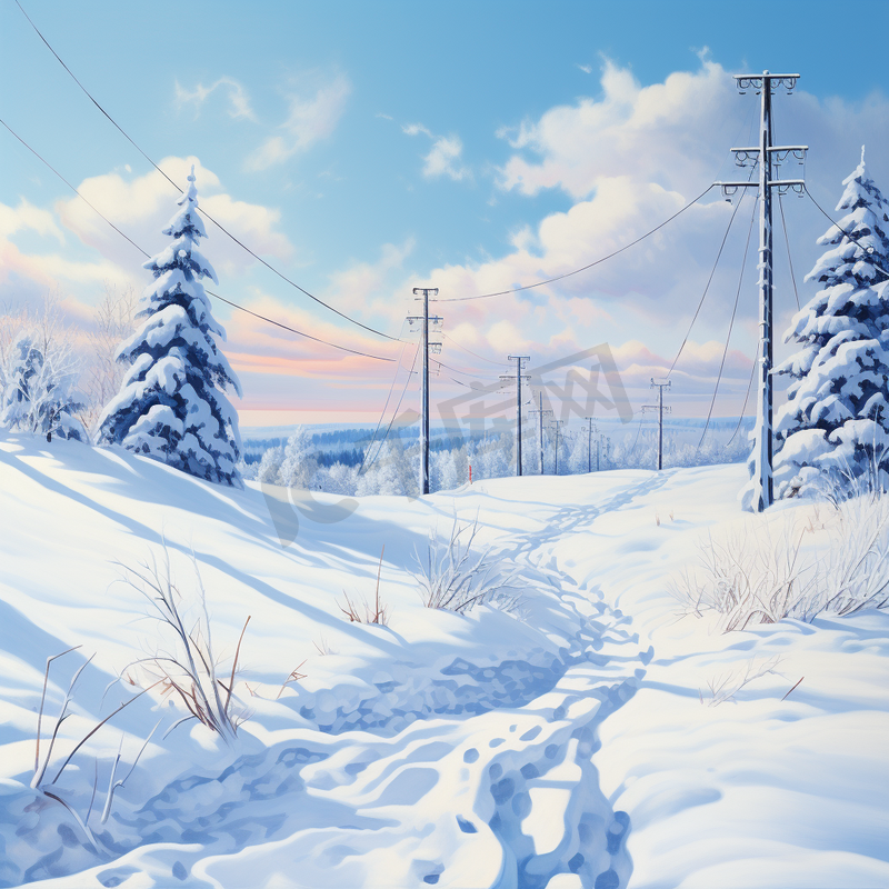 冬季雪地中的道路电线杆1图片