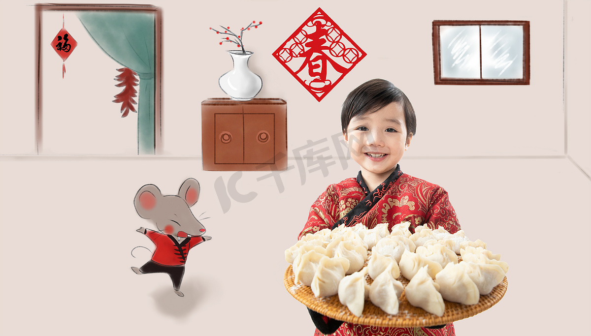 小男孩鼠年包饺子图片