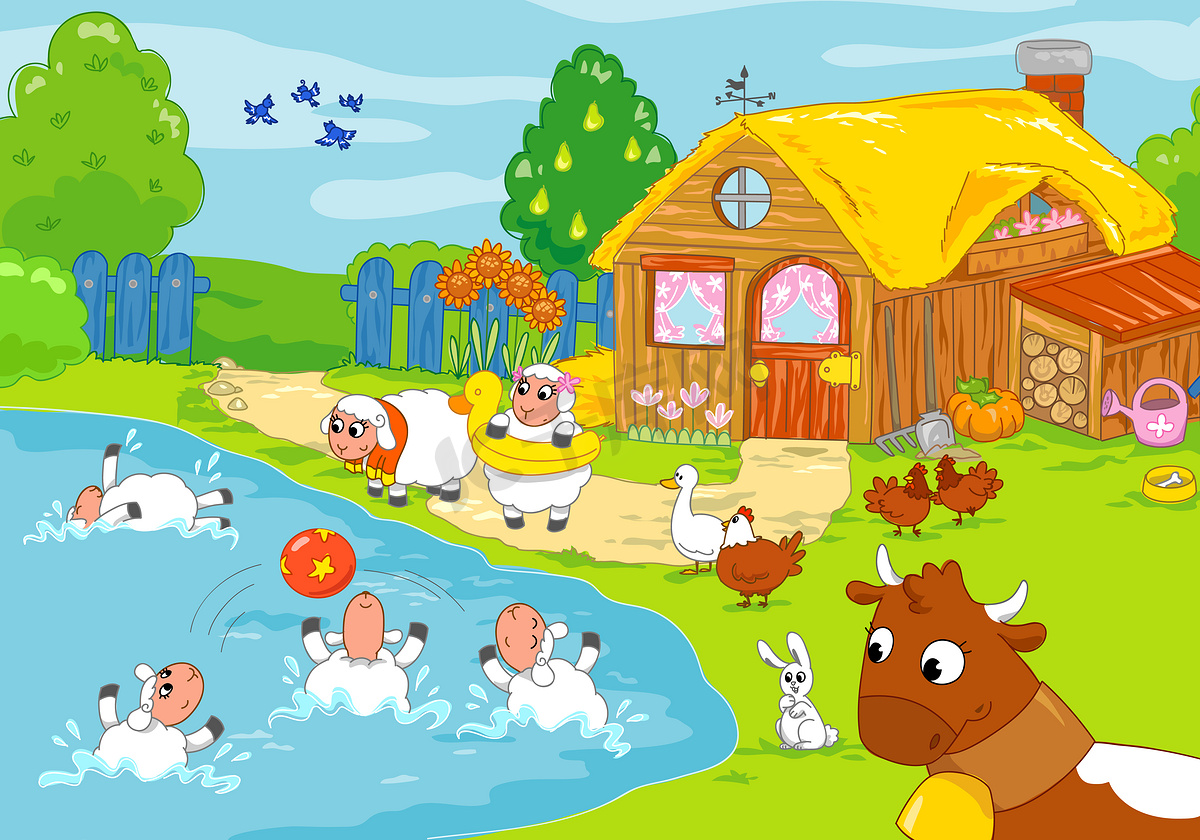 滑稽农场和玩动物。儿童插画图片