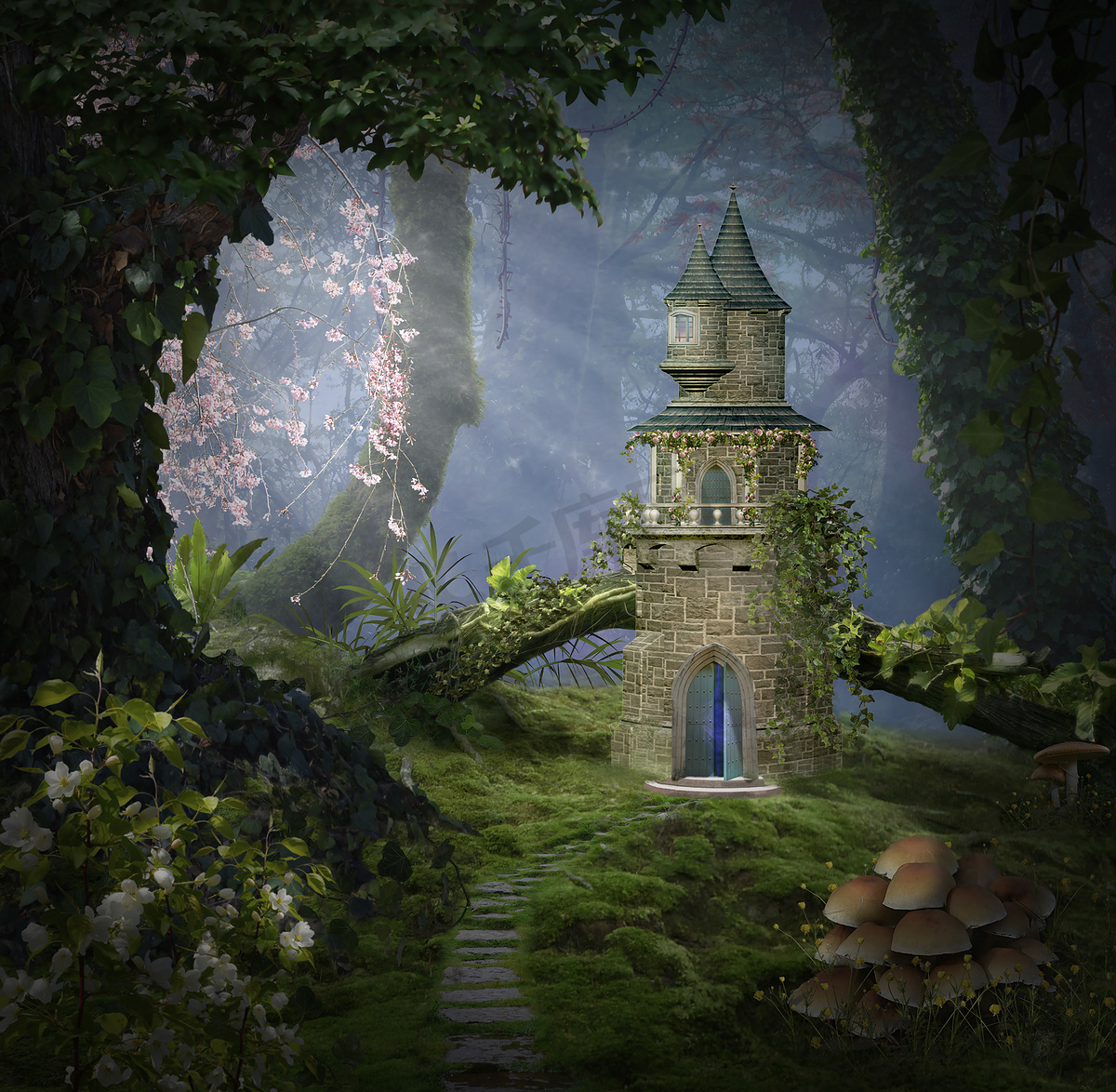 梦幻城堡在森林里。Photomanipulation。3d 渲染图片