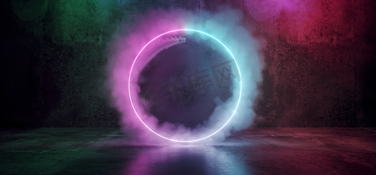 科幻菲现代未来主义烟雾霓虹灯圆形形状的紫色粉红色蓝色发光在黑暗的格朗格混凝土空室反射背景3d 渲染插图图片