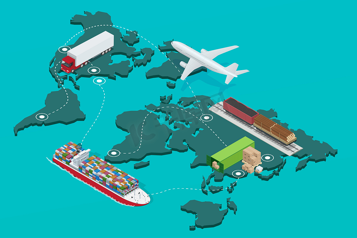 全球物流网络 平面 3d 等轴测图图标一套航空货运运输铁路运输海运准时交付车辆设计运载大量货物图片