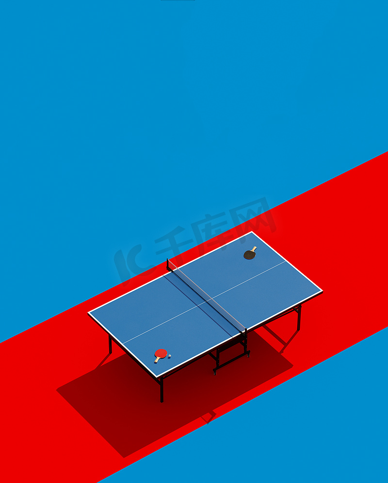 乒乓球海报设计。乒乓球桌和球拍。3d 插图图片