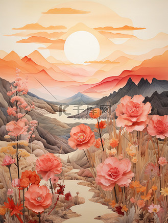 水彩背景19个人vip和企业vip免费下载插画橙色系国潮中国风鲜花山脉
