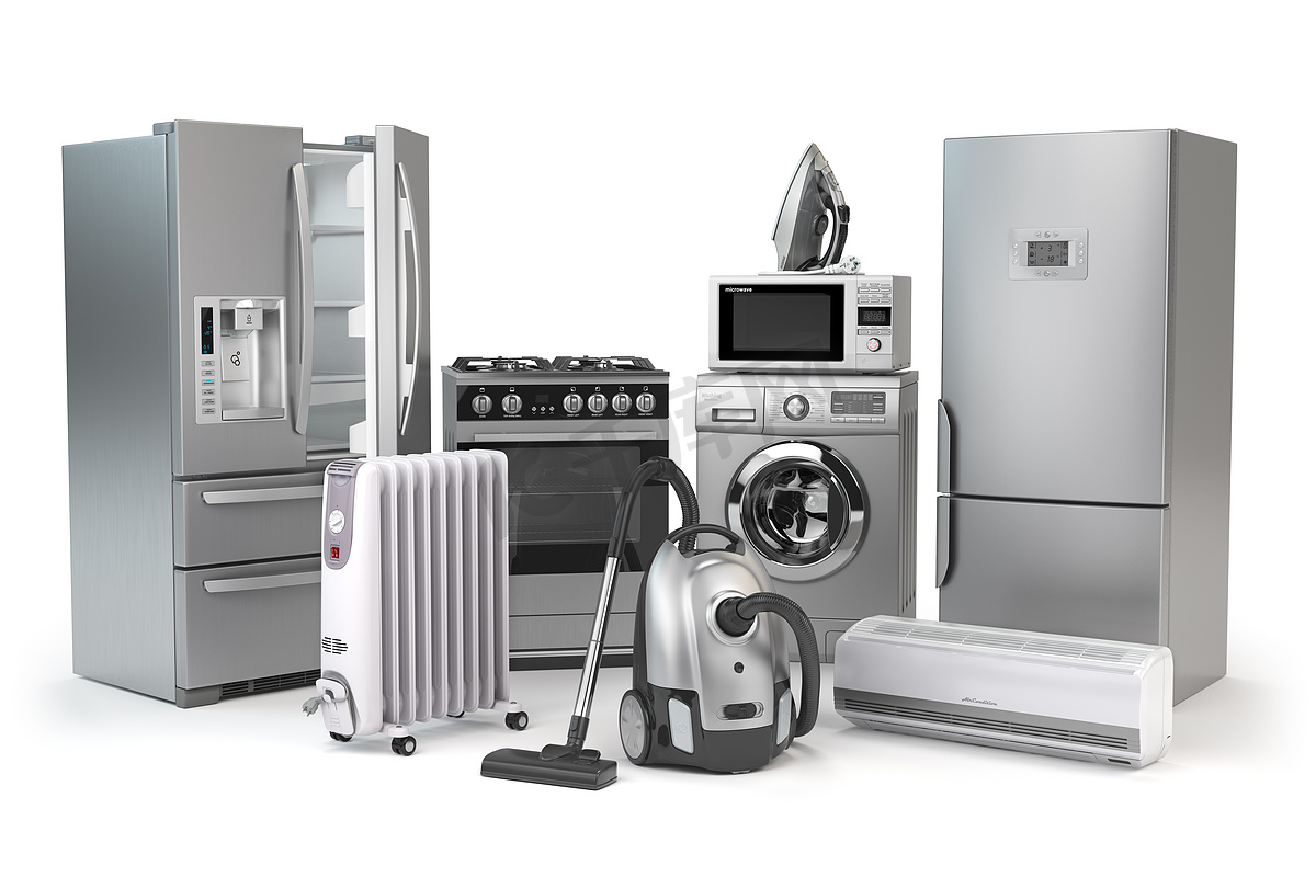 家电。一套家用厨房工艺在白色背景下隔离。冰箱、煤气灶、微波炉、洗衣机真空吸尘器空气 conditioneer 和熨斗。3d 插图图片