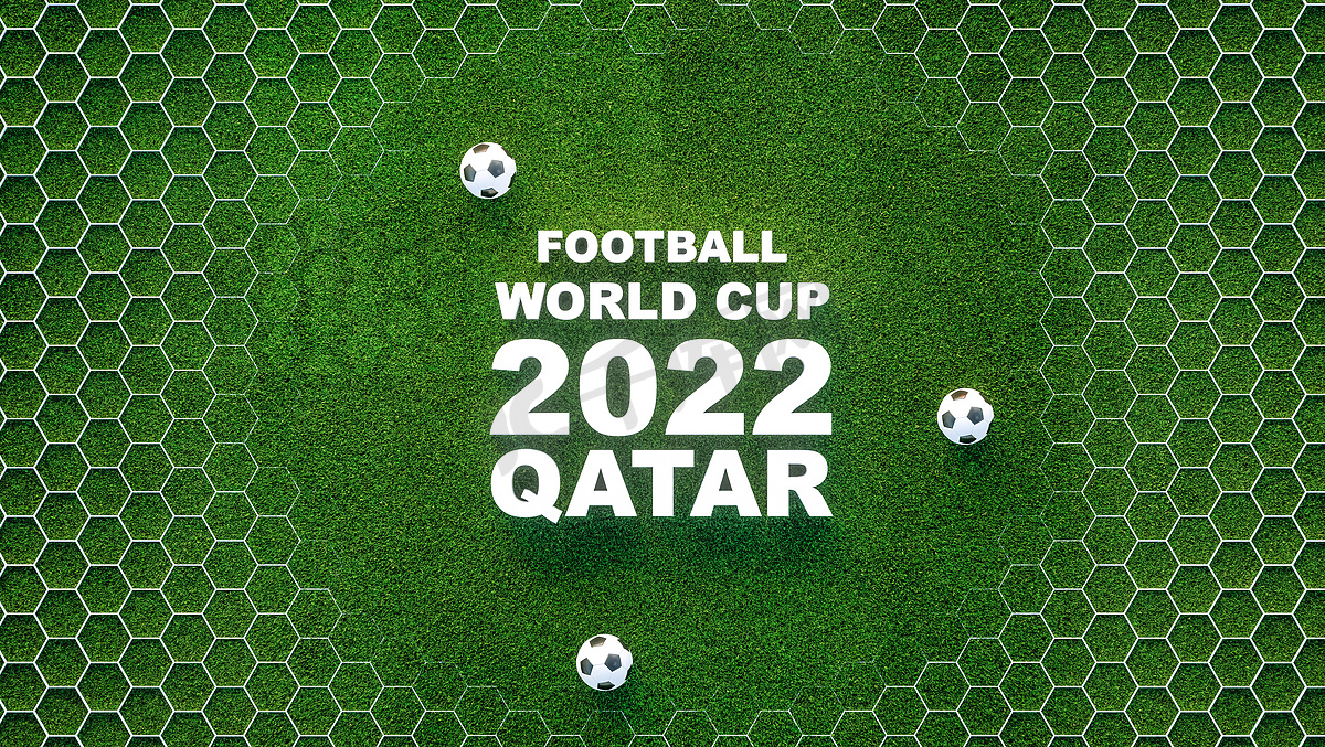 足球世界杯2022卡塔尔绿色足球草皮背景，六角形设计。3D渲染图片