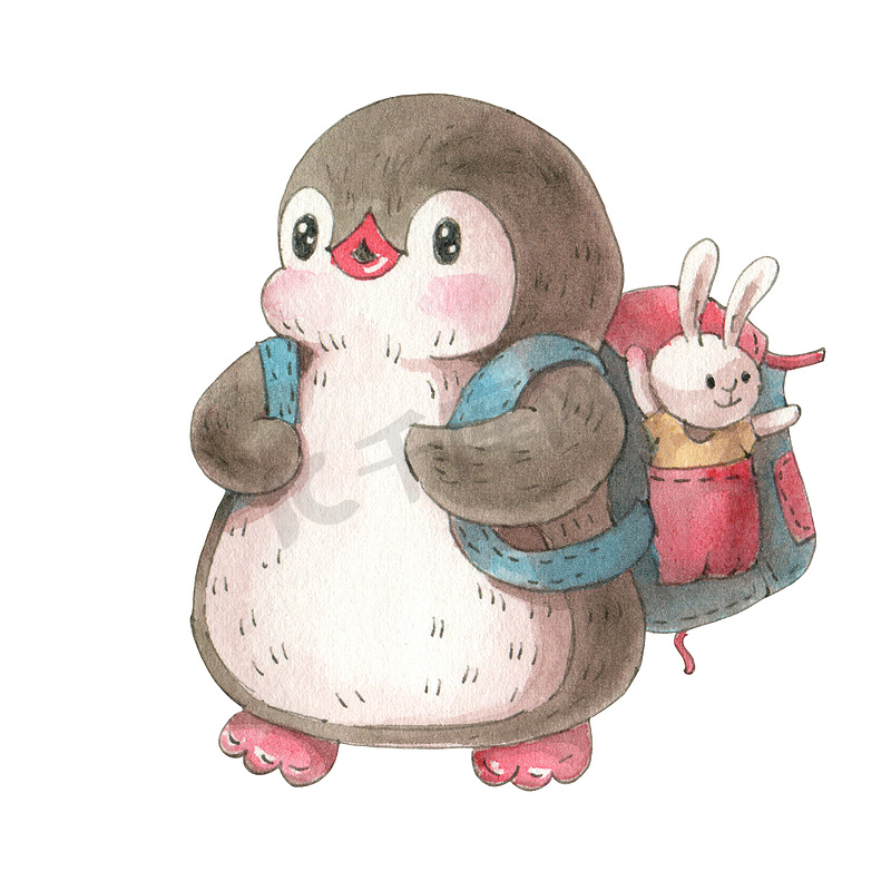 冬季插图与滑稽卡通企鹅与一个玩具兔子孤立在一个白色的背景。水彩和墨水画. 图片