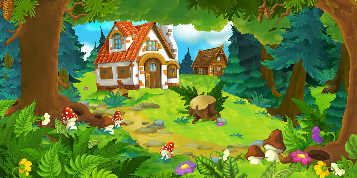 卡通场景与美丽的农村砖房子在草地上的森林 - 儿童插图图片