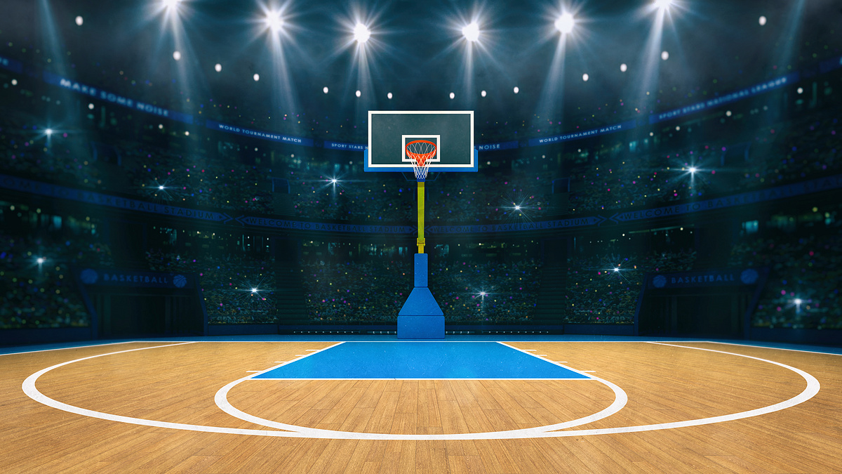 篮球运动领域。从室内看篮球场的木制楼层.篮球篮筐前视镜.体育背景数字3D图解.图片