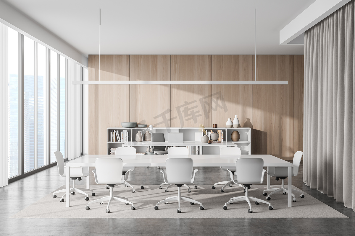 全景米色和白色会议室内部有木墙，灰色混凝土地板，线光和首席执行官的背景工作场所。现代办公室设计的概念.3d渲染图片