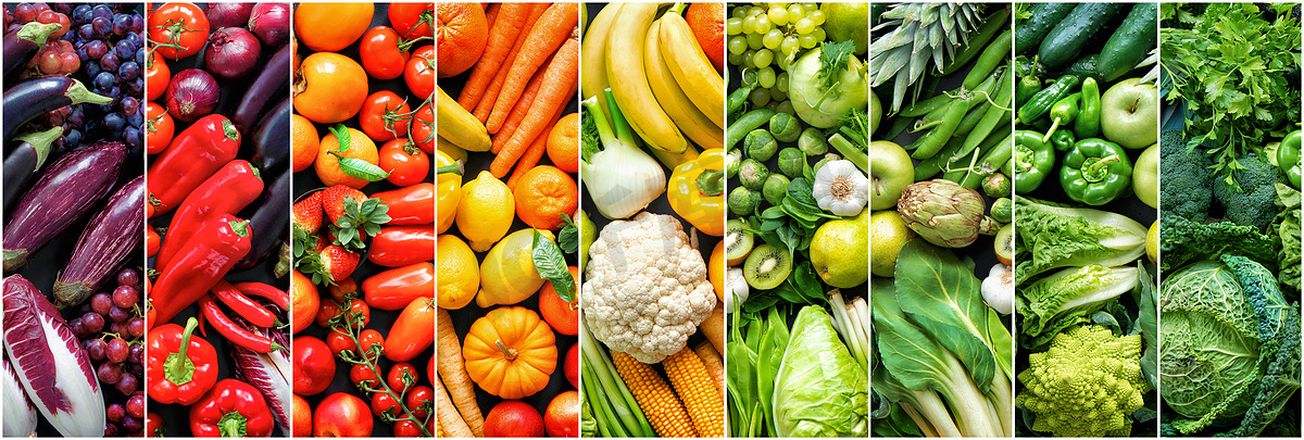 彩虹中新鲜有机水果和蔬菜的配比图片