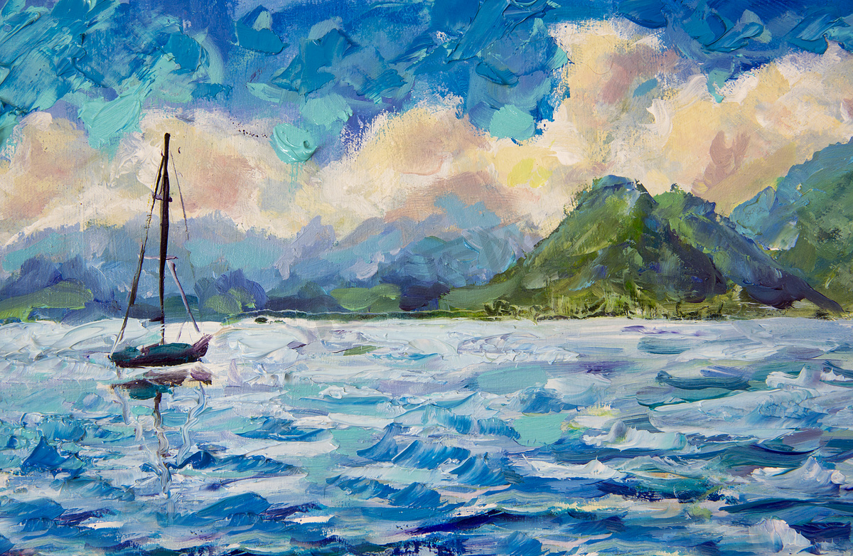 画海景景观船, 游艇, 帆船在蓝绿松石水湖的海洋河的背景下, 美丽的绿色山脉。温暖蓬松的云彩和蓝天。油画和调色板针织 impasto 帆布艺术品图片
