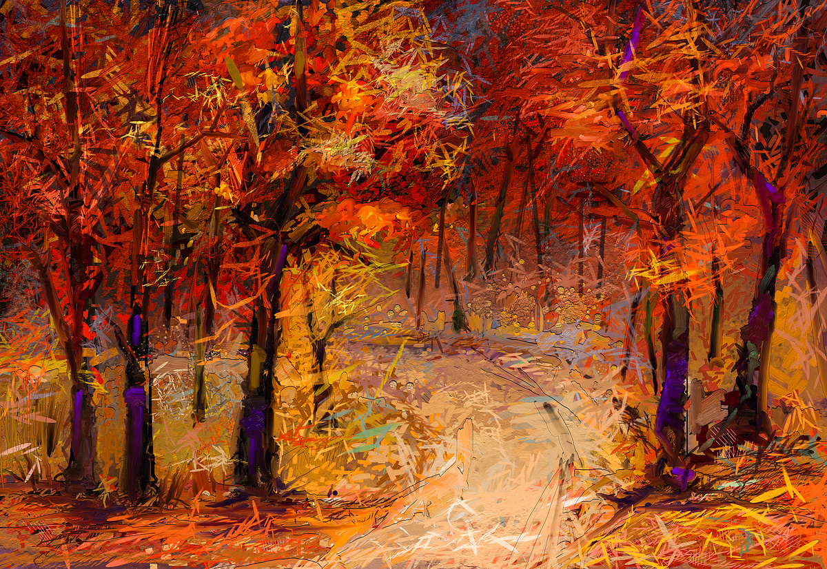 油画五彩缤纷的秋天树.半抽象的森林形象,黄红叶和湖的杨树.秋天,秋天,大自然的背景.手绘印象派，户外景观图片