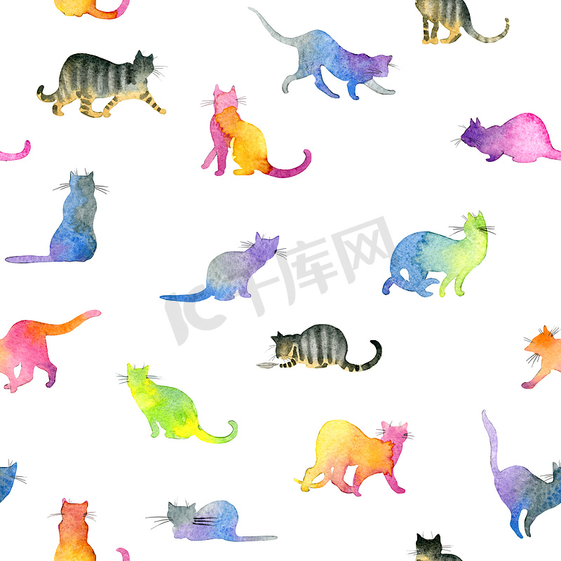 与可爱的猫咪的无缝模式。可爱的猫咪。水彩猫图。多彩的猫纹理。猫图案图片