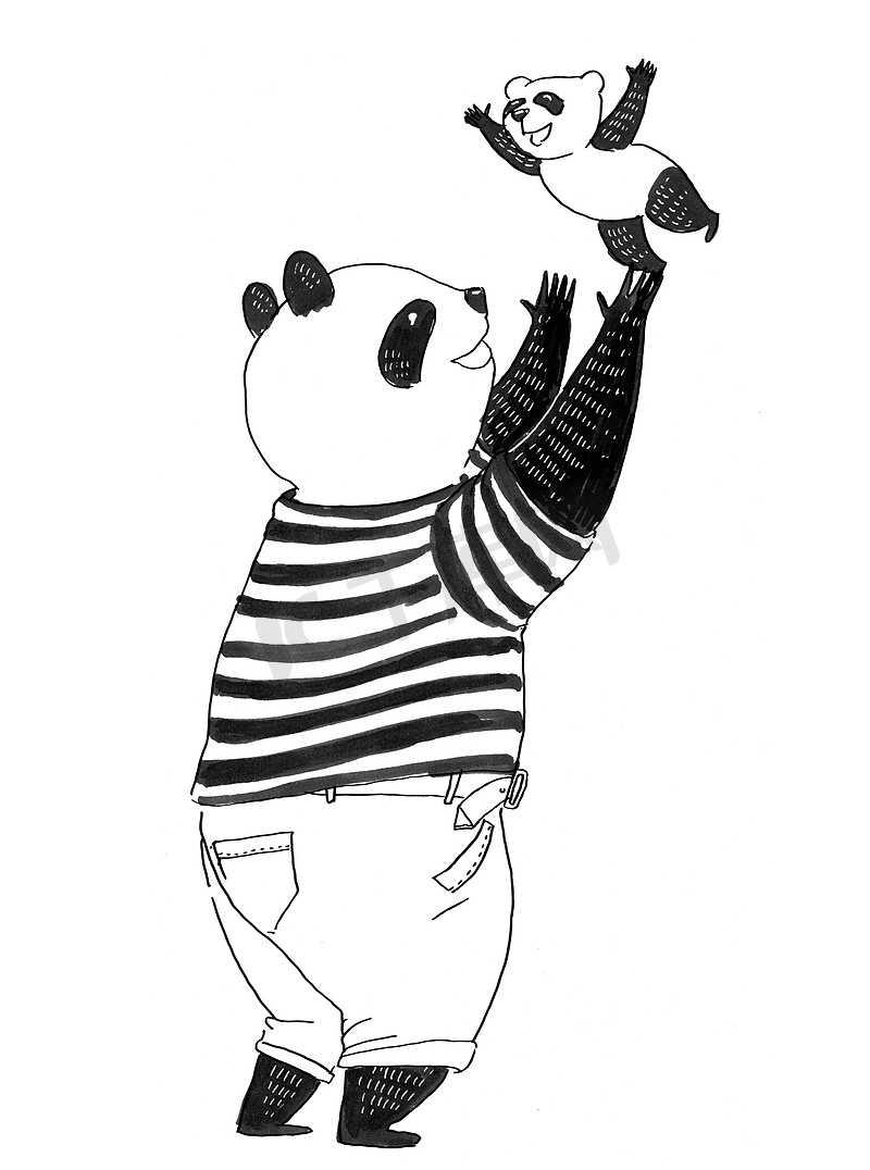 黑白色 t恤衫的熊猫父亲抛出了他的小 s图片
