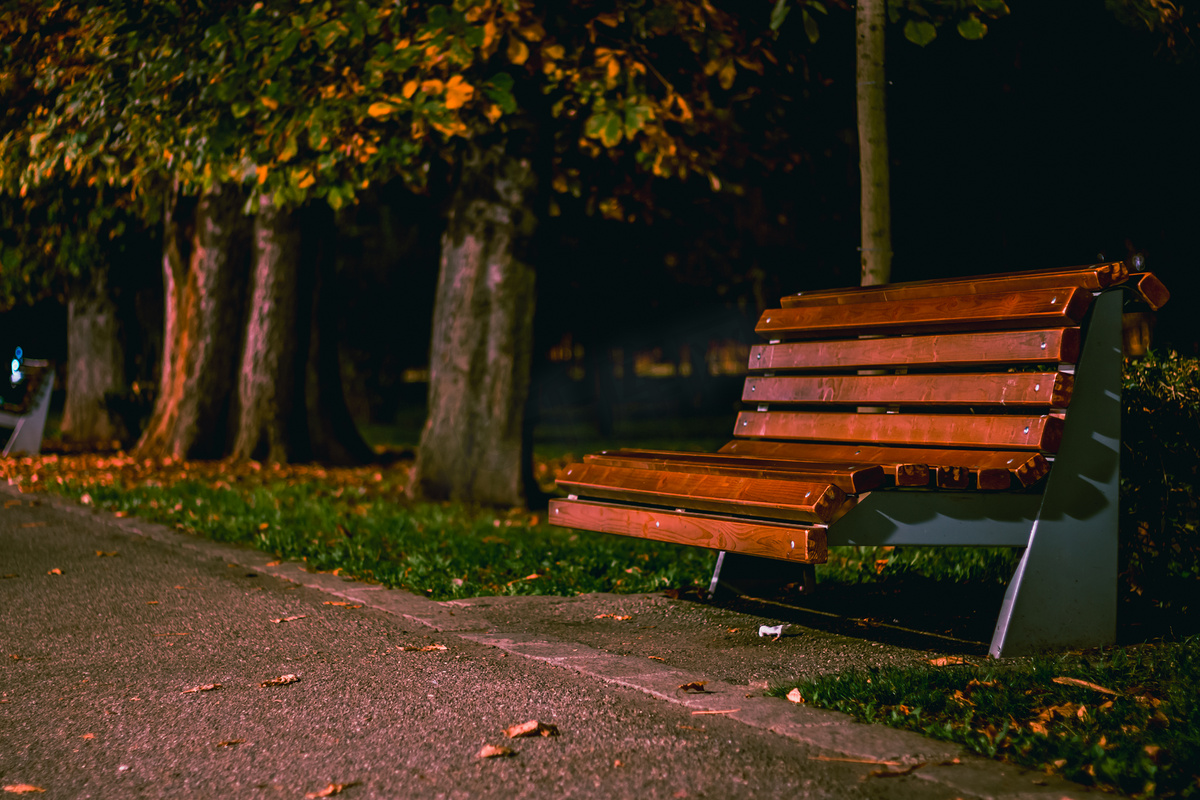 深夜拍摄的一张长椅被公园里的灯点亮了。凄凉的秋天背景图片