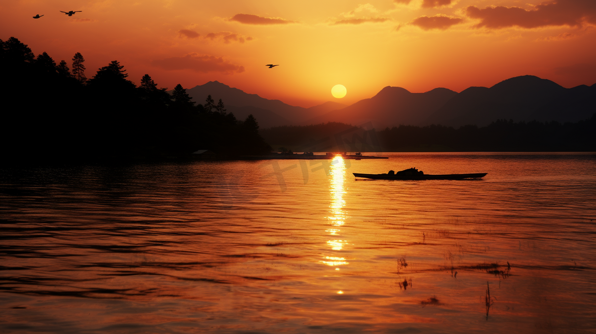 傍晚日落中的远山湖水图片