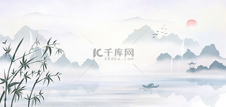 中国风水墨山水蓝色水墨古风山水海报背景