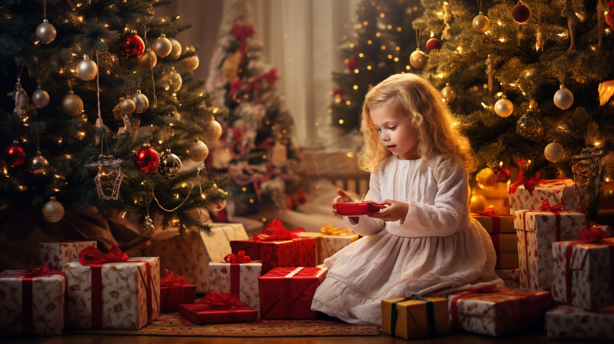 圣诞节拆礼物的儿童图片