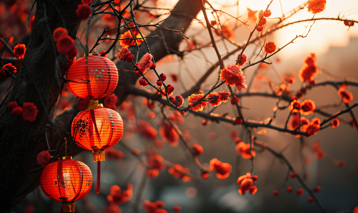 春节新年过年喜庆氛围树枝上挂着红灯笼图片