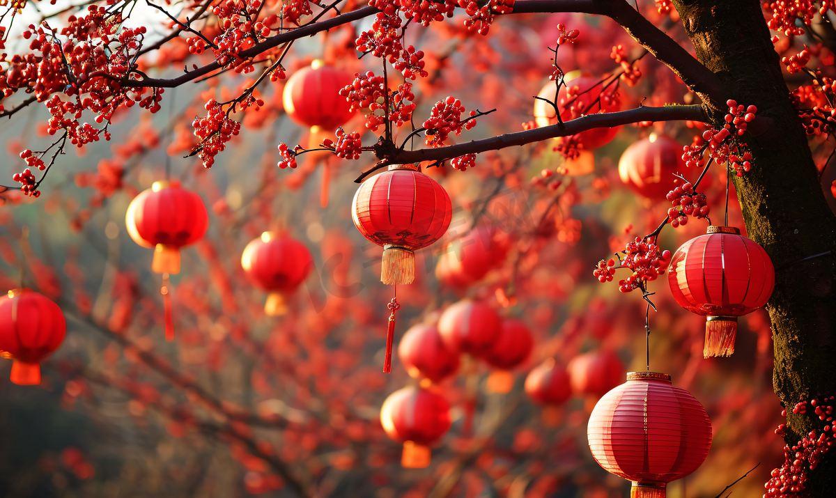 春节新年过年喜庆氛围树枝上挂着灯笼图片