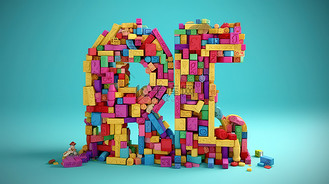 彩色字母玩具区的块型透视字体 3D 渲染