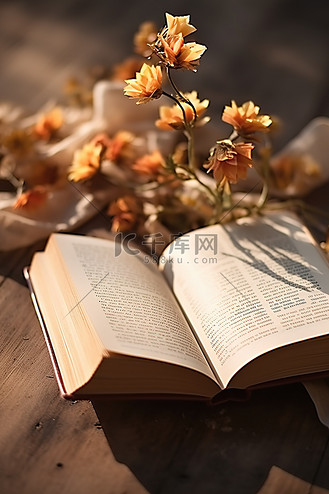 一本打开的书,里面有鲜花和薄纸