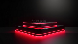 1 3D 渲染的黑色讲台，带有醒目的红色霓虹灯，用于产品展示和演示