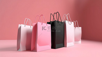 3d 购物袋上文本的空白空间非常适合在粉红色背景下说明在线购物概念